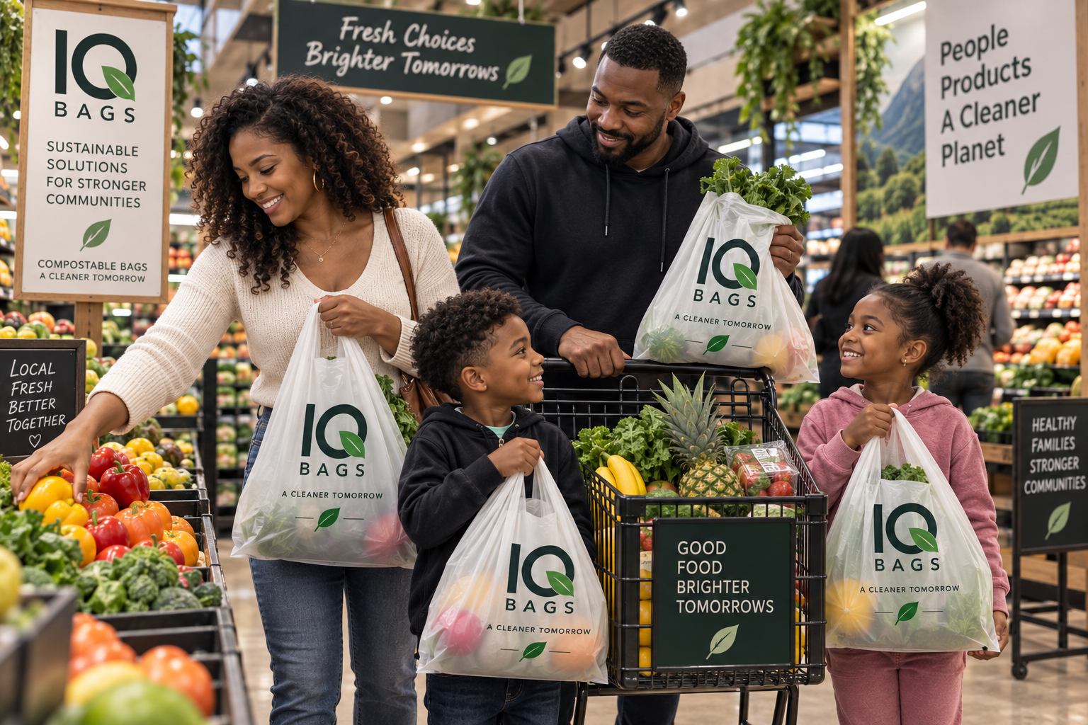 Family of four shopping with IQ Bags compostable bags in the produce aisle