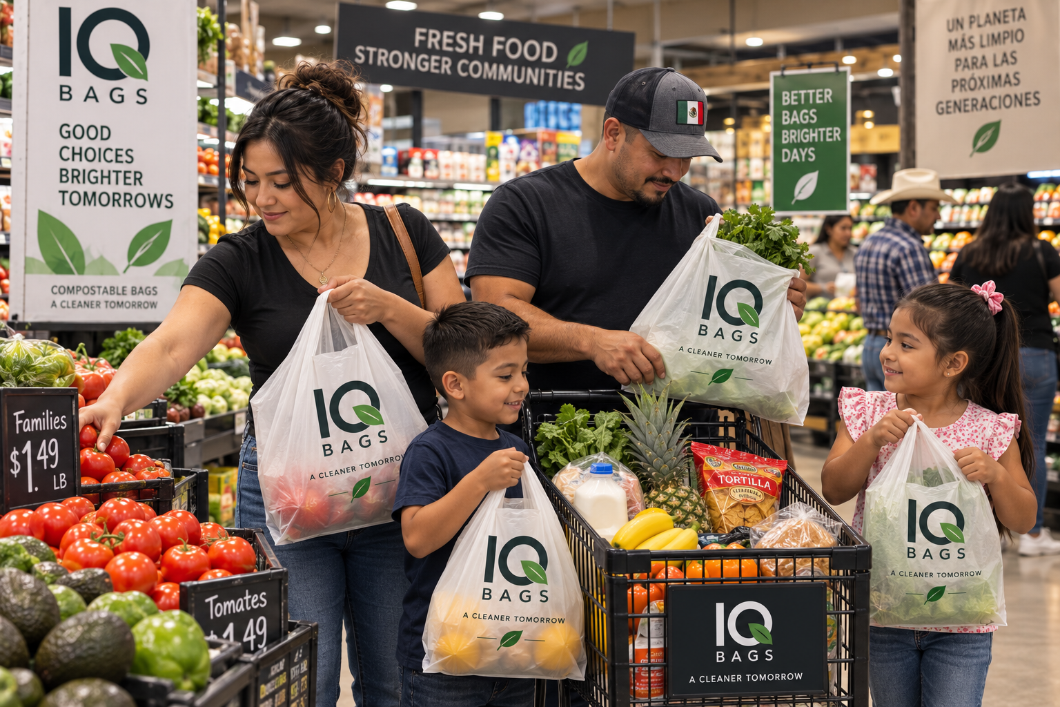Family filling IQ Bags compostable bags at a supermarket produce section