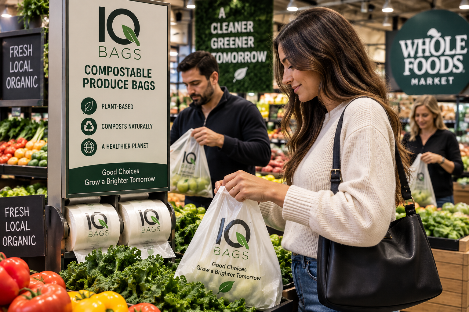Shoppers using IQ Bags compostable produce bags in a supermarket produce aisle