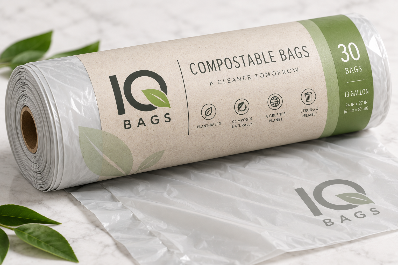 Roll of IQ Bags 13-gallon compostable bags with kraft paper label