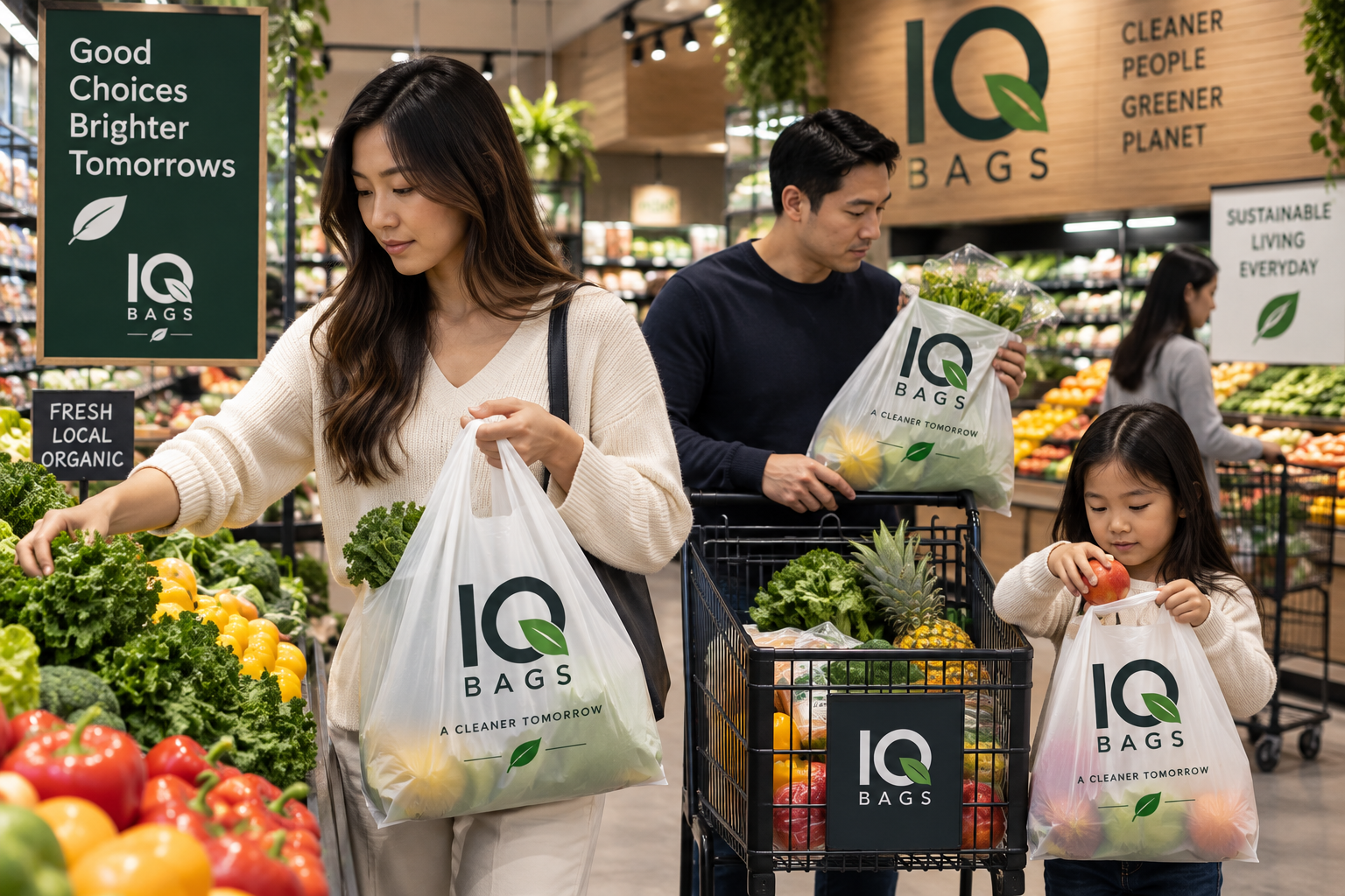 Family shopping with IQ Bags compostable bags in the produce aisle