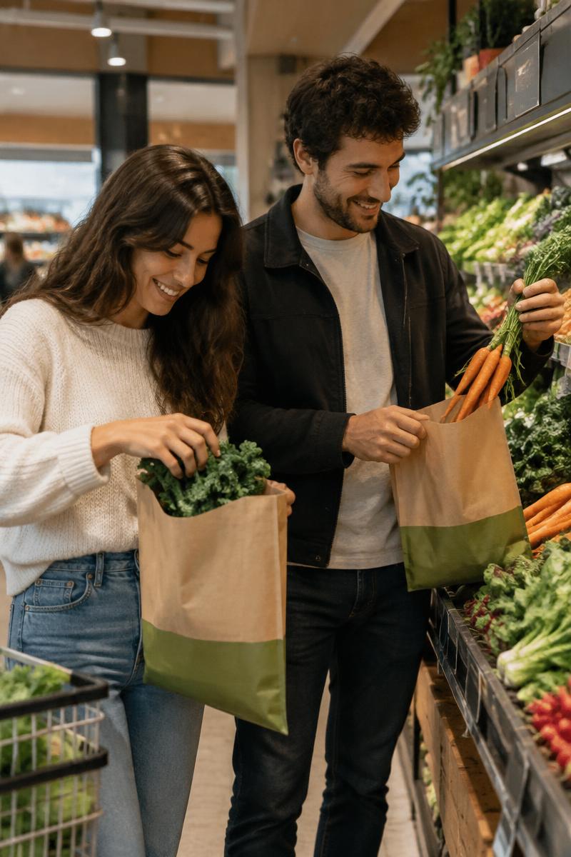 Young couple filling IQ Bags compostable bags in the produce aisle