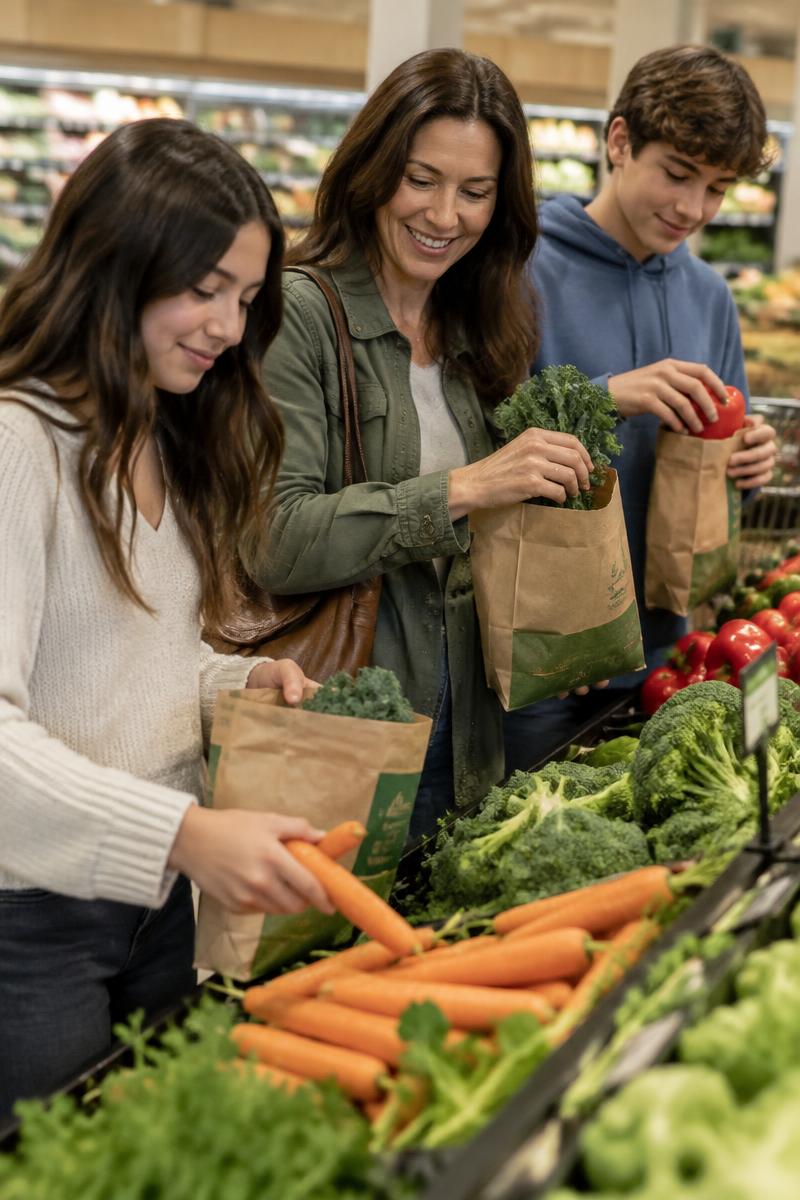 Mother with teenagers shopping with IQ Bags compostable bags